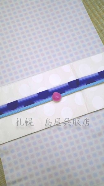 画像4: 半幅帯：白地に水玉（青） (4)