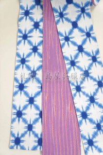 再値下しました!!!長尺雪花柄半巾帯 青×桃色 夏）島屋オリジナル 半幅帯：リバーシブル 雪花絞り／細格子