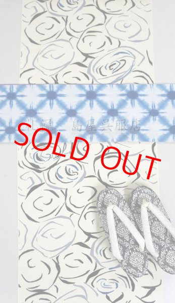 画像7: 半幅帯：リバーシブル　藤井絞／雪花絞りブルー・竜巻絞りレッド (7)