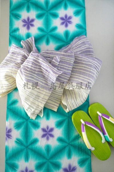 画像7: 藤井絞：雪花絞／エメラルドグリーンに紫の花 (7)