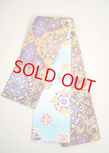 画像1: 半幅帯：リバーシブル　夾纈（きょうけち）染風　茶色／空色 (1)