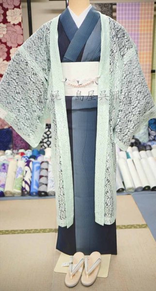 画像1: 【お仕立て上がり品】レース長羽織・花柄（ミントグリーン） (1)