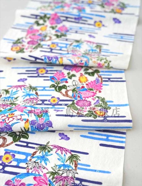 画像1: 九寸名古屋帯:琉球本紅型・花とエ霞(知念初子) (1)