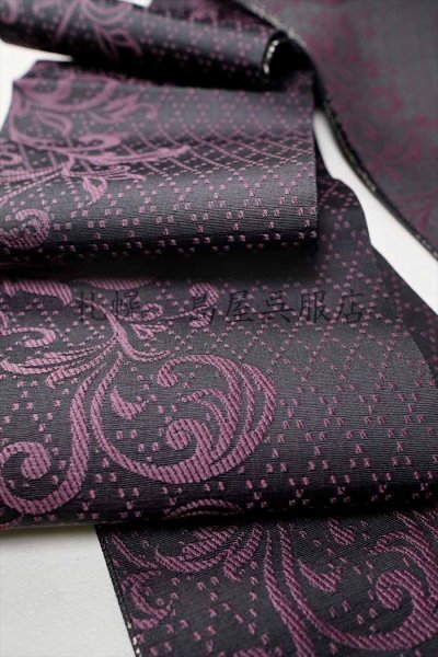 画像7: 半幅帯：リバーシブル博多織　スクエアレース／唐草（黒） (7)