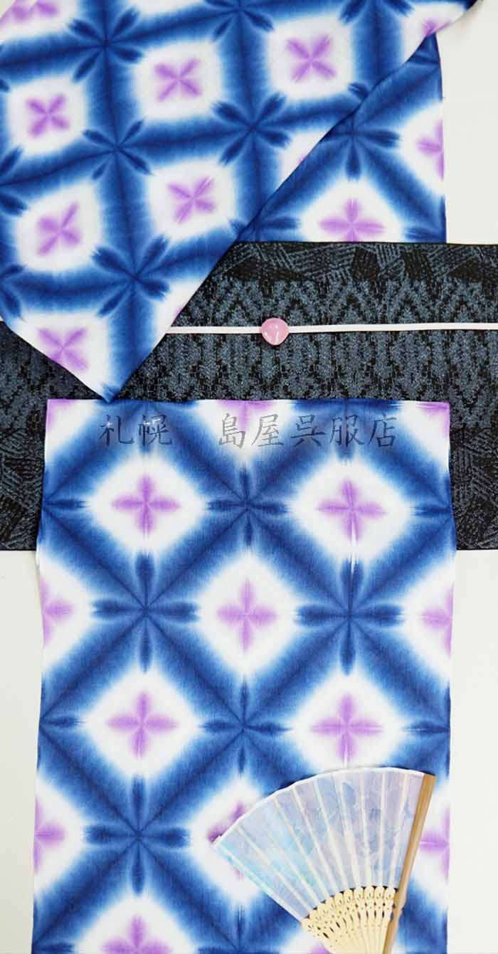 藤井絞：雪花絞／藍に紫の花